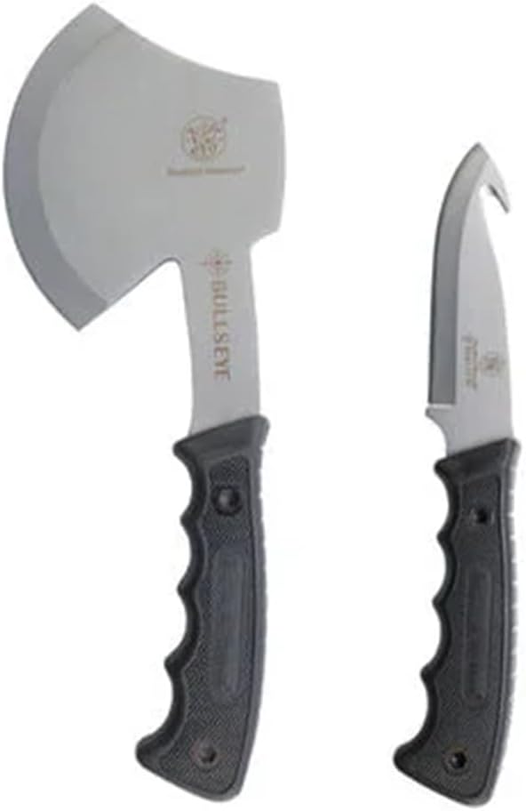 Smith & Wesson Bullseye Hatchet and Fixed Blade Guthook Knife Combo with S.S. Blade and Rubber Handle for Outdoor, Tactical