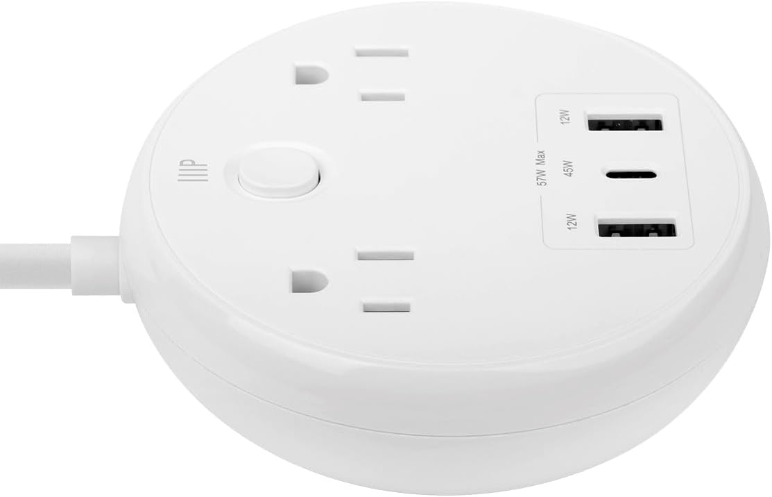 Monoprice USB-C Power Strip, 2 Outlets and 57W 3 USB with 5-Foot Extension Cord, Compact Travel Size, for MacBook Pro