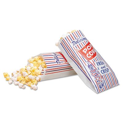Pinch-Bottom Paper Popcorn Bag, 4w x 1-1/2d x 8h, Blue/Red/White, Sold as 1 Carton