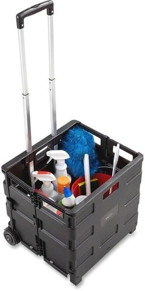 Safco Stow Away Folding Caddy, Telescopic Handle, 50 lb Capacity, 2 Casters, 16.5inW x 14.5inD x 39inH, Black, Silver