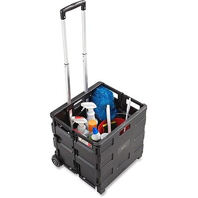 Safco Stow Away Folding Caddy, Telescopic Handle, 50 lb Capacity, 2 Casters, 16.5inW x 14.5inD x 39inH, Black, Silver