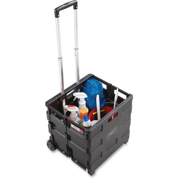 Safco Stow Away Folding Caddy, Telescopic Handle, 50 lb Capacity, 2 Casters, 16.5inW x 14.5inD x 39inH, Black, Silver