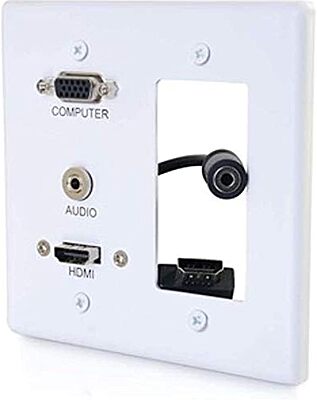 C2G 39877 HDMI, VGA, and 3.5mm Audio Pass Through Double Gang Wall Plate with One Decorative Cutout, White