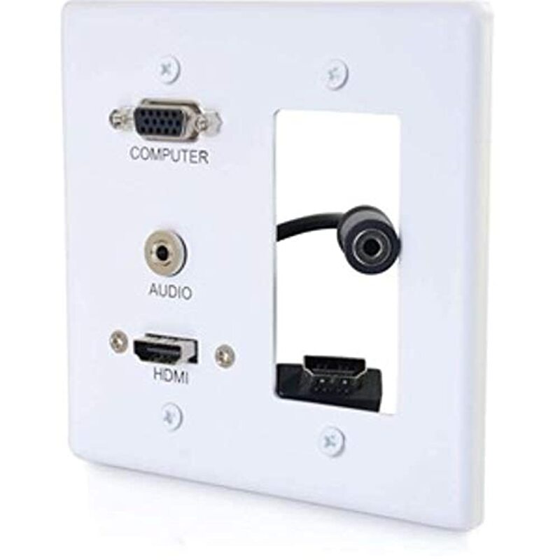 C2G 39877 HDMI, VGA, and 3.5mm Audio Pass Through Double Gang Wall Plate with One Decorative Cutout, White