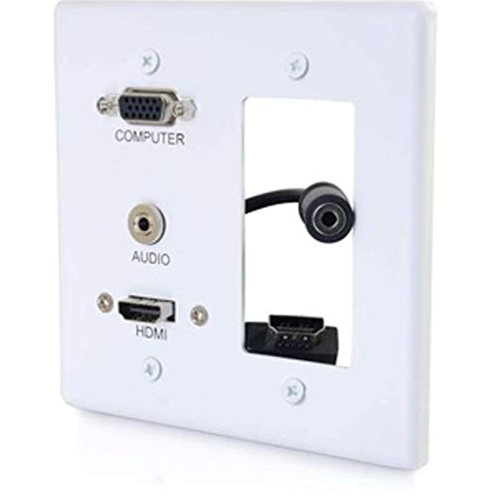 C2G 39877 HDMI, VGA, and 3.5mm Audio Pass Through Double Gang Wall Plate with One Decorative Cutout, White