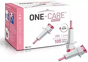 ONE-CARE PRO Safety Lancets Top Button Activated, 28G x 1.5mm, MiniFlow, Pink, 100/bx ONE-CARE PRO Safety Lancets Top Button Activated, 28G x 1.5mm, MiniFlow, Pink, 100/bx