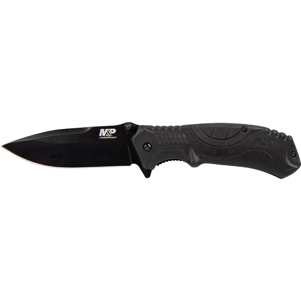 Smith & Wesson M&P M2.0 8.07in S.S. Ultra-Glide Folding Knife with 3.5in Drop Point Blade and Rubber Handle for Outdoor, Tactical, Survival and EDC, Multicolor,Black
