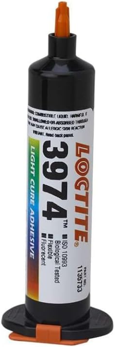 Loctite 3974 Fluorescent One-Part Acrylic Adhesive - 25 ml Syringe - Shore Hardness 77 Shore A, Shear Strength 960 psi