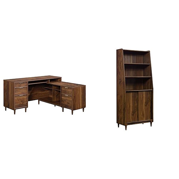 Sauder 59" L-Desk and Bookcase Bundle, Clifford Place Collection, Grand Walnut Finish L-Desk + 3 Tier Bookcase