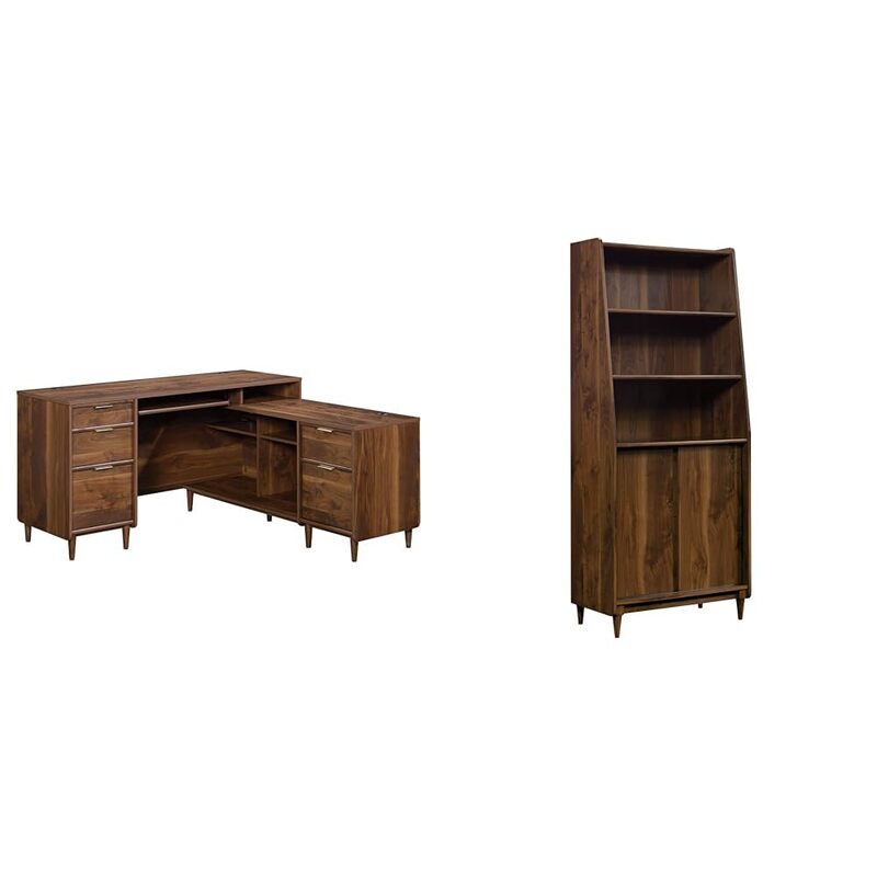 Sauder 59" L-Desk and Bookcase Bundle, Clifford Place Collection, Grand Walnut Finish L-Desk + 3 Tier Bookcase
