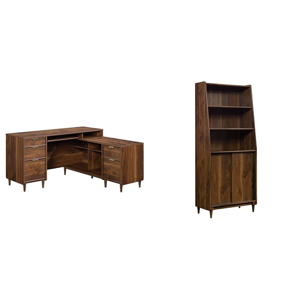 Sauder 59" L-Desk and Bookcase Bundle, Clifford Place Collection, Grand Walnut Finish L-Desk + 3 Tier Bookcase