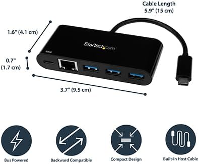StarTech.com USB C to Ethernet Adapter - 3-Port USB Hub with Power Delivery (US1GC303APD)