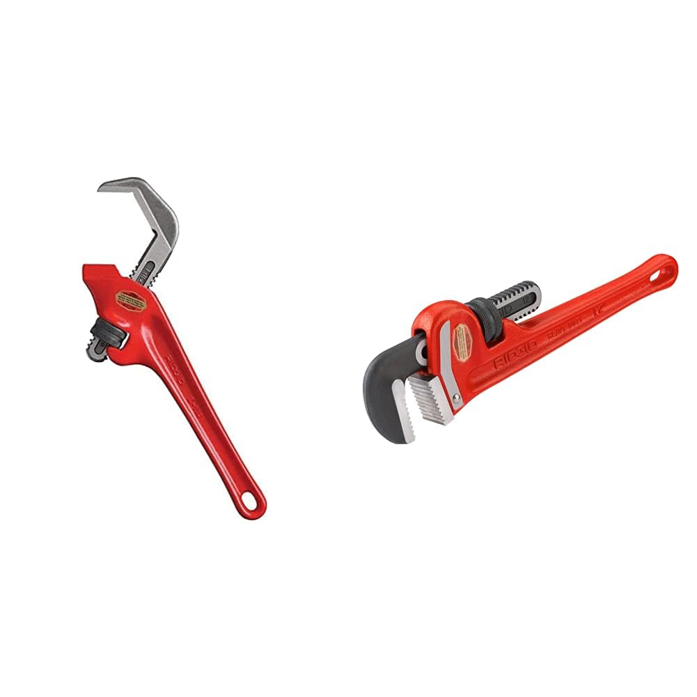RIDGID 31305 Model E-110 9.5" Offset Hex Jaw Pipe Wrench, Red, Made in The USA & 31015 Heavy-Duty Straight Pipe Wrench
