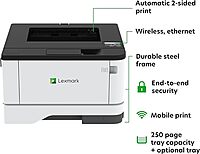 Lexmark MS431dw Black and White Laser Printer, Wireless with Ethernet, Mobile-Friendly and Cloud Connection with Automatic Two-Sided Printing Office Printer (4-Series) (29S0100)
