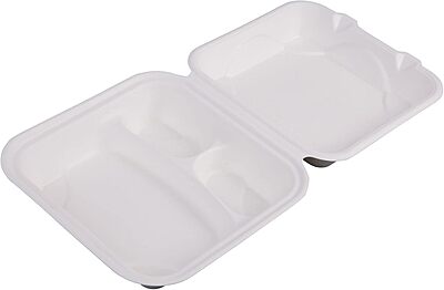 ECO PRODUCTS Compostable 8" Clamshell To Go Containers, Case of 200, 3 Compartment, Square Take Out Food Box, White Renewable Molded Fiber, Microwaveable & Freezable, Grease & Cut Resistant, ASTM
