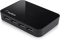 Belkin 4-Port USB 3.0 Hub – SuperSpeed Powered Station with 5Gbps Data & Charging, Compact Desktop Adapter for Laptops, iPhone Chargers, Printers, Storage Devices – Black