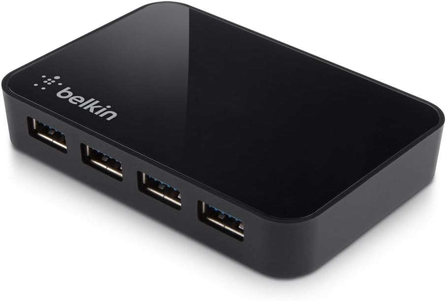 Belkin 4-Port USB 3.0 Hub – SuperSpeed Powered Station with 5Gbps Data & Charging, Compact Desktop Adapter for Laptops