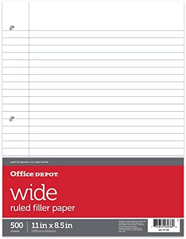Office Depot Ruled Filler Paper, 3-Hole Punched, 16-Lb, Wide Ruled With Margin, 11in x 8 1/2in, 500 Sheets, 09228OD