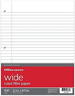 Office Depot Ruled Filler Paper, 3-Hole Punched, 16-Lb, Wide Ruled With Margin, 11in x 8 1/2in, 500 Sheets, 09228OD