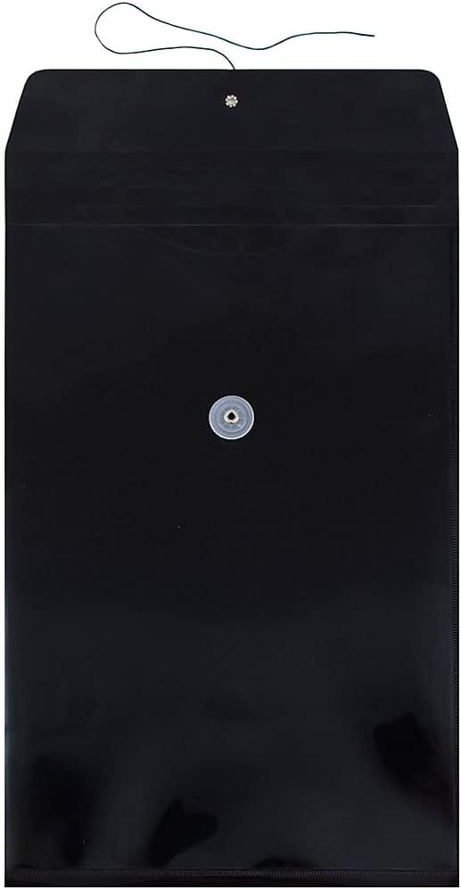 JAM PAPER Plastic Envelopes with Button & String Tie Closure - Legal Open End - 9 3/4 x 14 1/2 - Black - 12/Pack Legal Black