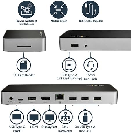 StarTech.com USB C Dock - Dual Monitor HDMI & DisplayPort 4K 30Hz - USB Type-C Laptop Docking Station 60W Power Delivery, SD