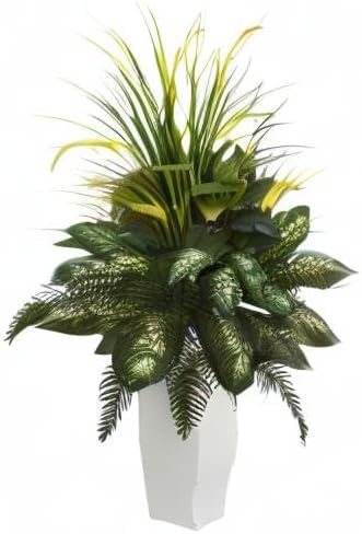 Nearly Natural Artificial White Mixed River Fern and Dogtail Plant, Tower Planter, Green,26"Dx26"Wx48"H