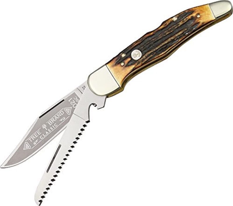 Boker 114021S Stag Double Lock Hunter Pocket Knife with 440C Stainless Steel Blade