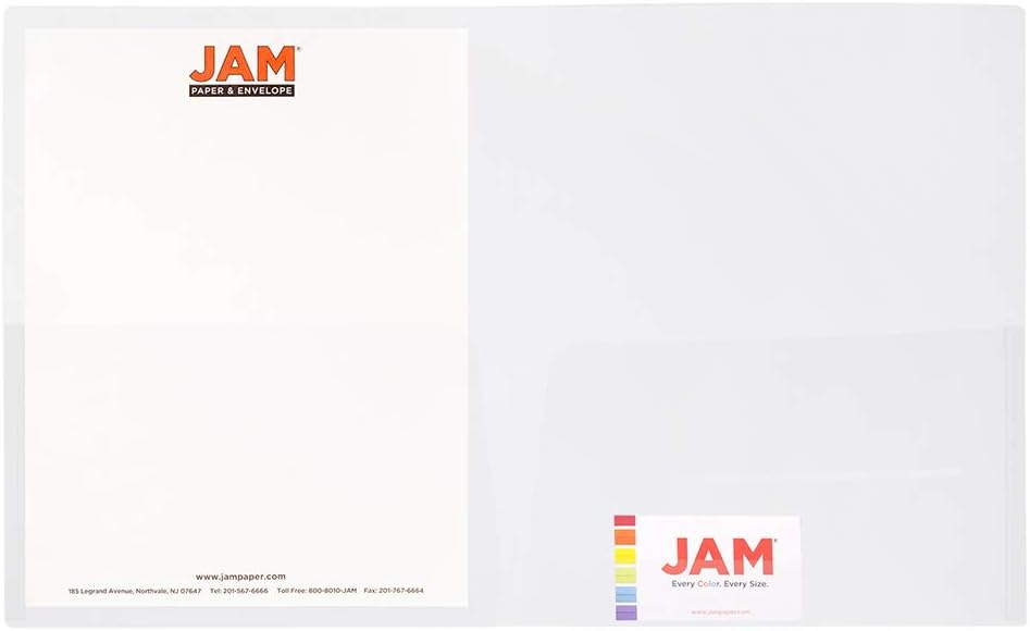 JAM Paper Regular-Weight 2-Pocket Plastic Presentation Folders, 9in x 12in, Clear, Pack Of 6