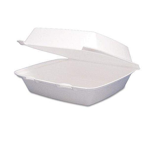 Dart Hinged-Lid Foam Containers, 3 1/4inH x 8 3/8inW x 7 7/8inD, White, Pack Of 200 Containers