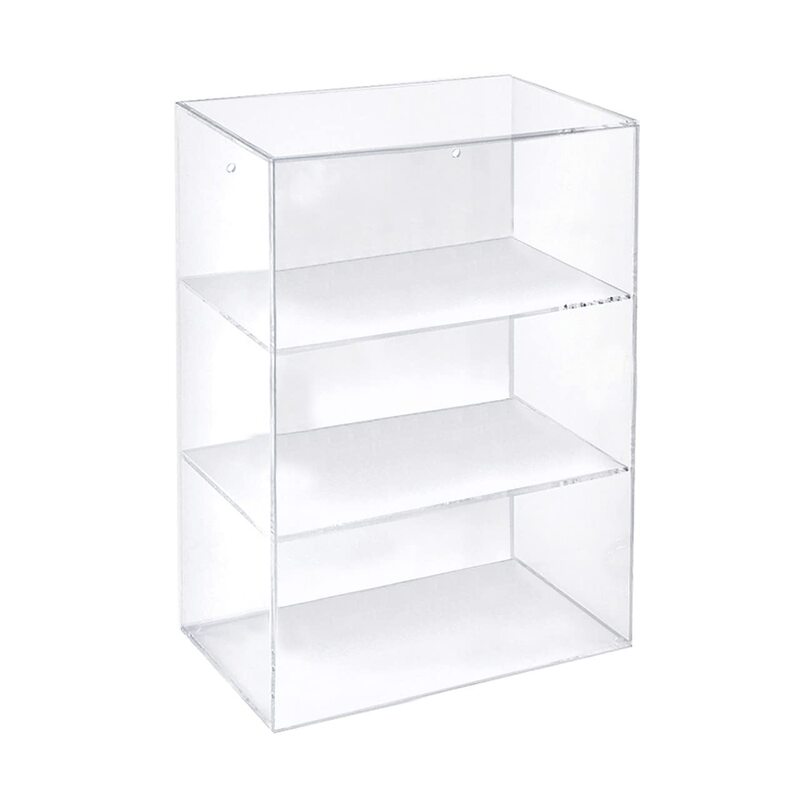 Acrylic Countertop Open Case 12.375” Wide w/ 2 Non-Removable Shelves and Wall Hanging Holes