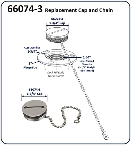 Attwood 66074-3 Stainless Steel Deck Fill Replacement Cap & Chain fits 3.0” Flange