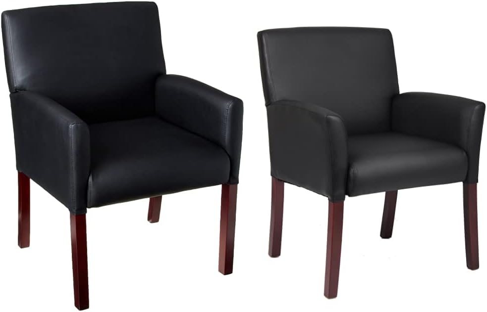 Boss Office Products Reception and Guest Box Arm Chairs with Mahogany Finish in Black Arm Chair + Guest Chair