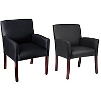 Boss Office Products Reception and Guest Box Arm Chairs with Mahogany Finish in Black Arm Chair + Guest Chair
