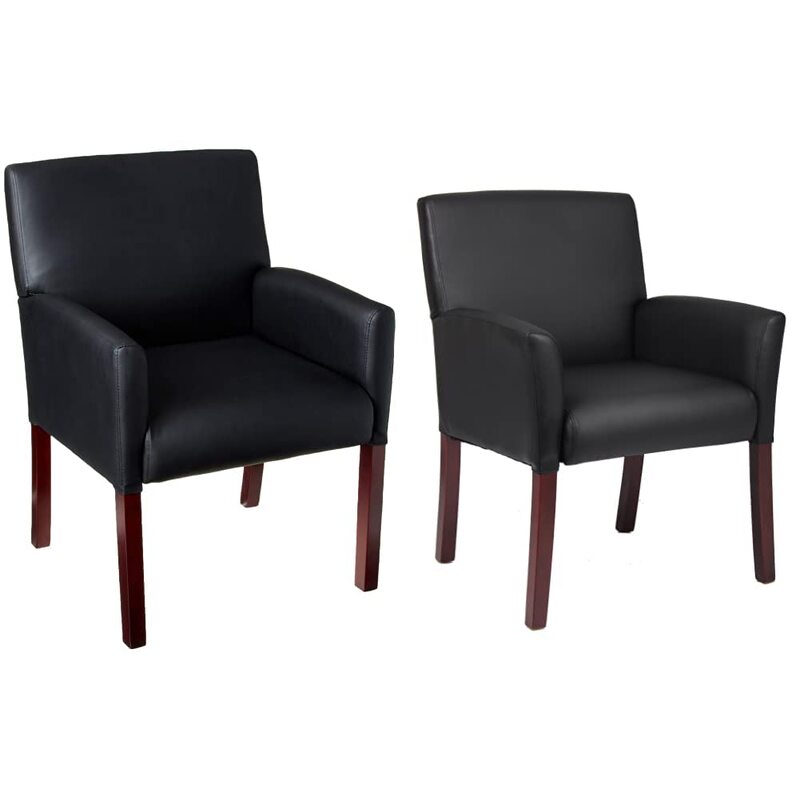 Boss Office Products Reception and Guest Box Arm Chairs with Mahogany Finish in Black Arm Chair + Guest Chair