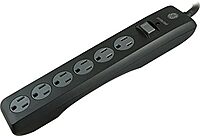 GE General Purpose 6-Outlet Surge Protector, 6 ft Extension Cord, 800 Joules, Twist-to-Close Safety Outlet Covers, Flat Plug, Protected Indicator Light, Integrated Circuit Breaker, Black, 14091