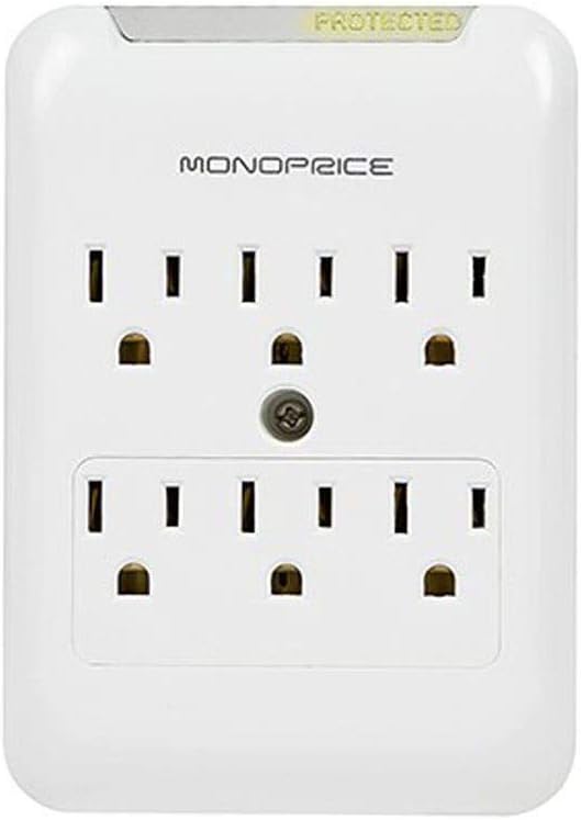 Monoprice Power & Surge - 6 Outlet Surge Protector Slim Wall Tap - White | UL Rated