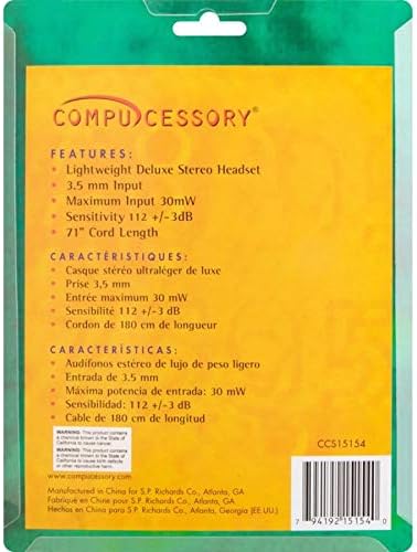 Compucessory Lightweight Stereo Headphones with Mic - Stereo - Mini-phone (3.5mm) - Wired - 32 Ohm - 20 Hz - 15154