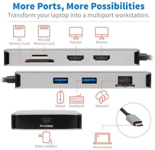 Tripp Lite USB-C Two-Monitor HDMI Laptop/Phone Docking Station, 4K @ 60 Hz (4:4:4), USB-A Hub, Gigabit Network Port