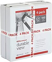 Office Depot® Brand Durable View 3-Ring Binder, 1 1/2" Round Rings, White, Pack Of 4