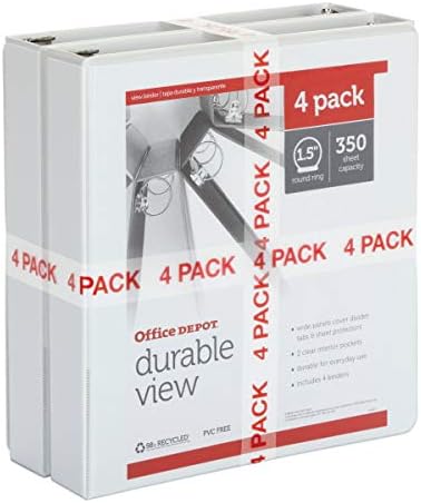 Office Depot® Brand Durable View 3-Ring Binder, 1 1/2" Round Rings, White, Pack Of 4