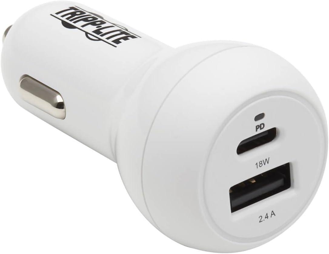 Tripp Lite USB Car Charger Dual-Port USB C 18W, USB-A 12W w/Lightning Cable (U280-C02-30W-K)