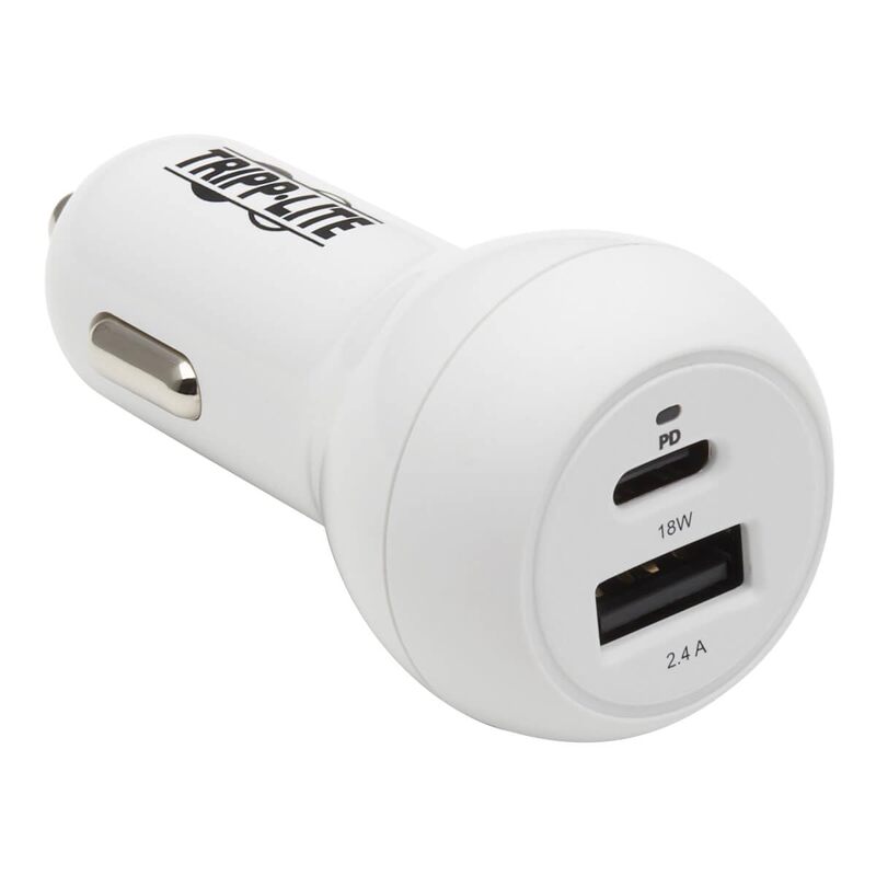 Tripp Lite USB Car Charger Dual-Port USB C 18W, USB-A 12W w/Lightning Cable (U280-C02-30W-K)