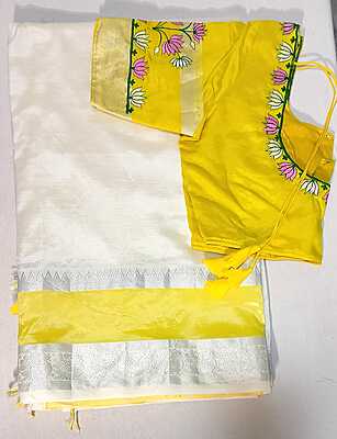 E26: Ready To Ship Beautiful Pure Mangalagiri Saree With Stitched Emboridery Work Blouse