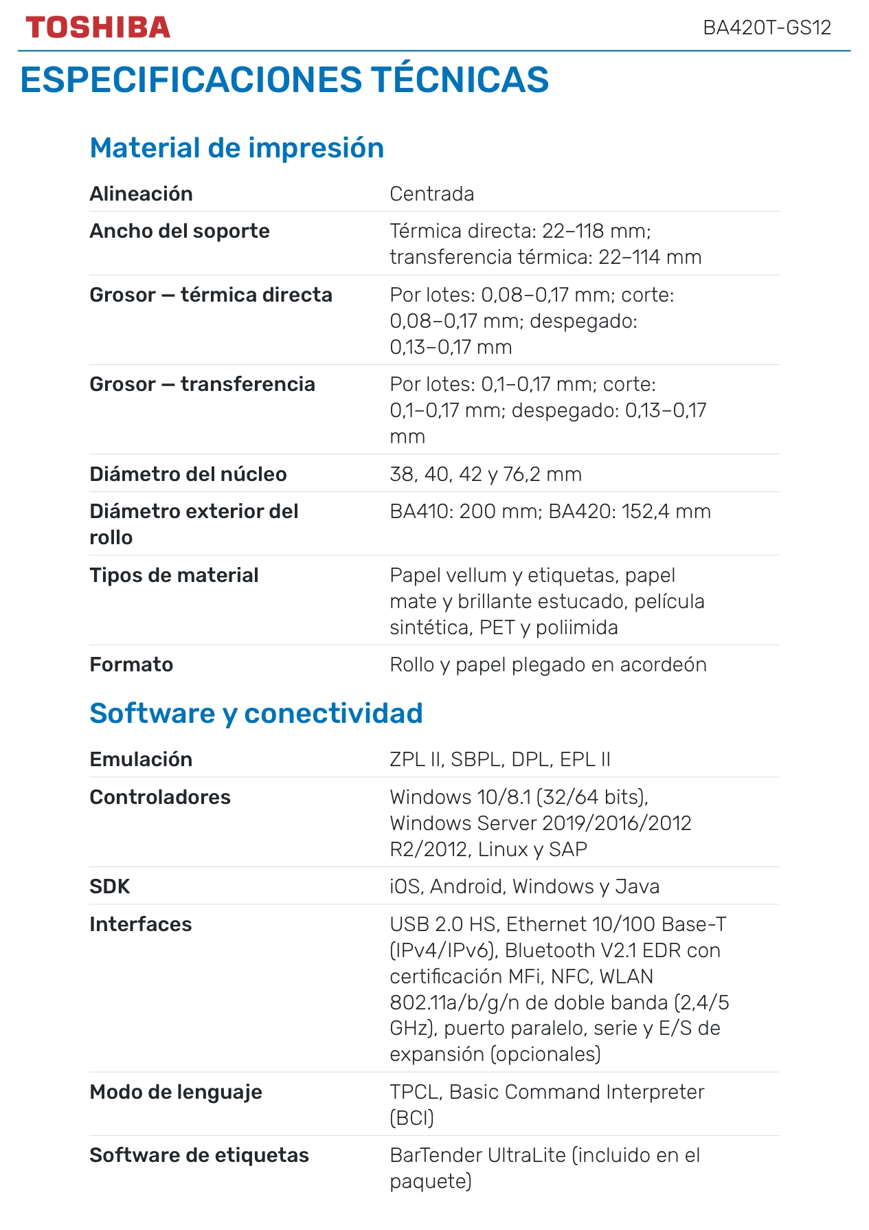 Impresora Toshiba Carcasa Plástica Resolución 203 DPI