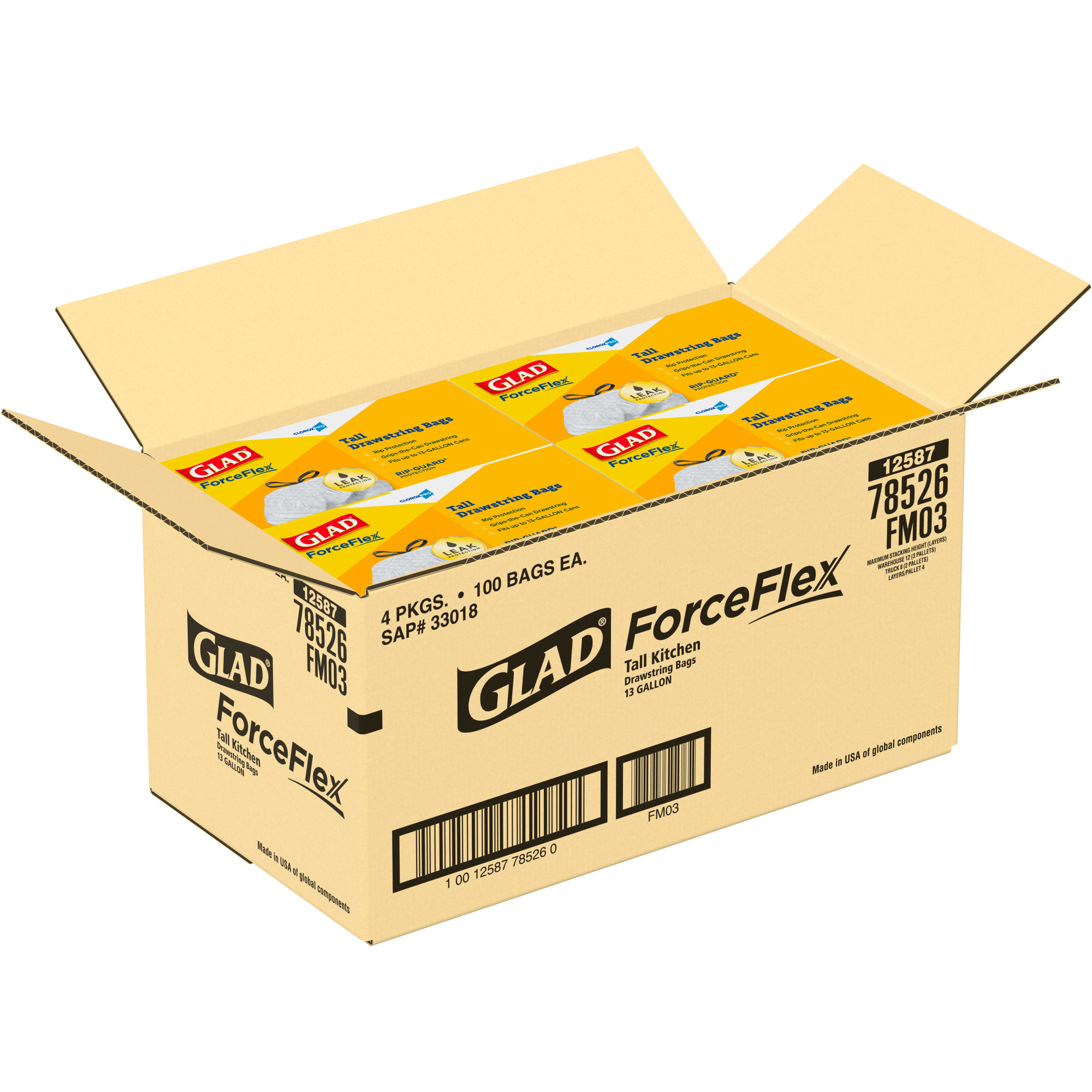 Clorox Glad Tall Drawstring Trash Bags 13 Gallon 100 Count 4 / cs