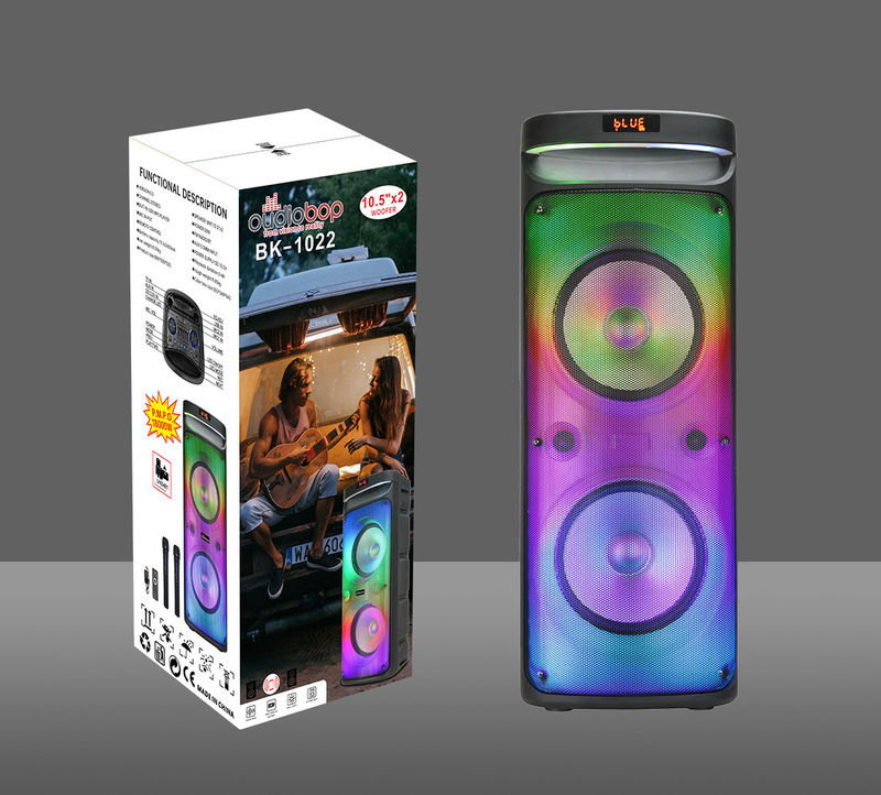BK-1022 Bluetooth Party Speaker with Dual 10.5” Woofers, LED Lights & Remote