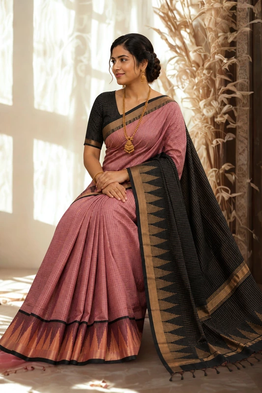 Semi Raw silk pink with black