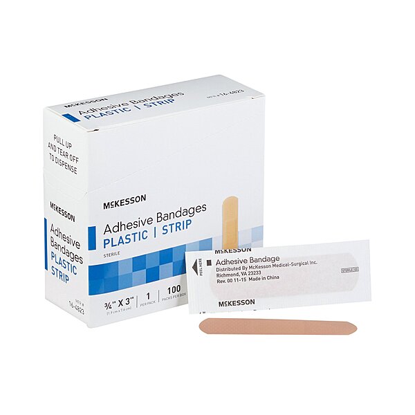 McKesson Adhesive Strip Bandage 3/4" x 3" Plastic Tan Sterile (BX/100EA)