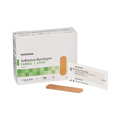 McKesson Adhesive Strip Bandage 1" x 3" Fabric Tan Sterile (BX/100EA) McKesson Adhesive Strip Bandage 1" x 3" Fabric Tan Sterile (BX/100EA)