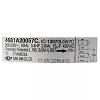Motor Para Central LG, Evaporador, 208-230V, 60Hz, 2.84A, Capacitor 15Mf 450Vac - 4681A20057C